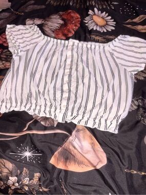 White and Black Striped Off-Shoulder Crop Top